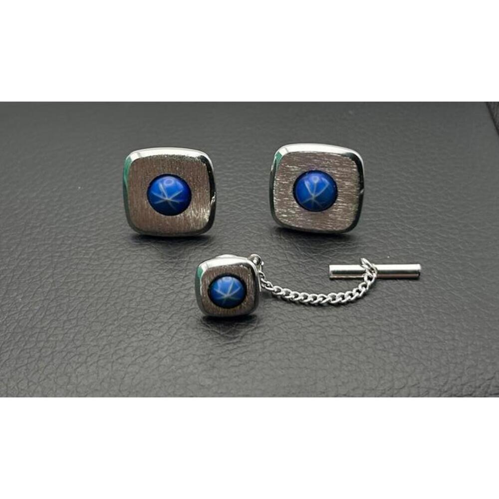 Vintage Sarah Coventry Cufflinks & Tie Tack Set Silver Tone Blue Starburst